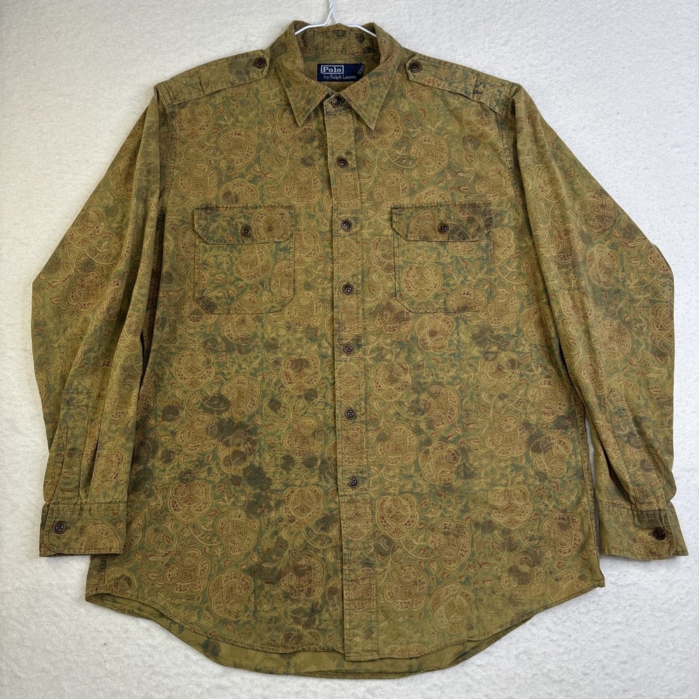 90's Vtg Polo Ralph Lauren Safari Paisley Ink Wash Floral Button Shirt Mens M